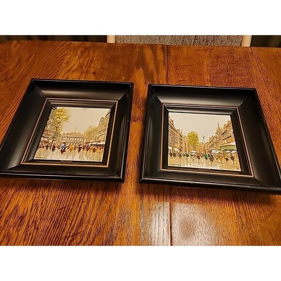 Lot of 2 "A Street in Paris" Paintings Oil Painted Tiles M. Maresca 1949. Set
